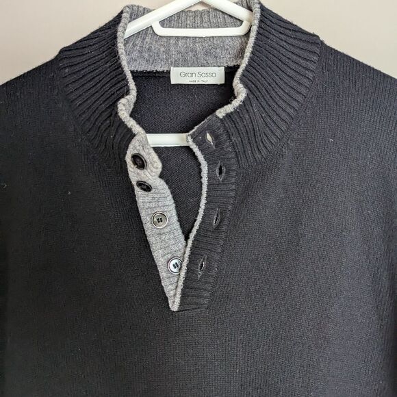 Gran Sasso Italy 100% Wool Sweater XL Black Gray 1/4 Button Front High Quality - Picture 2 of 9